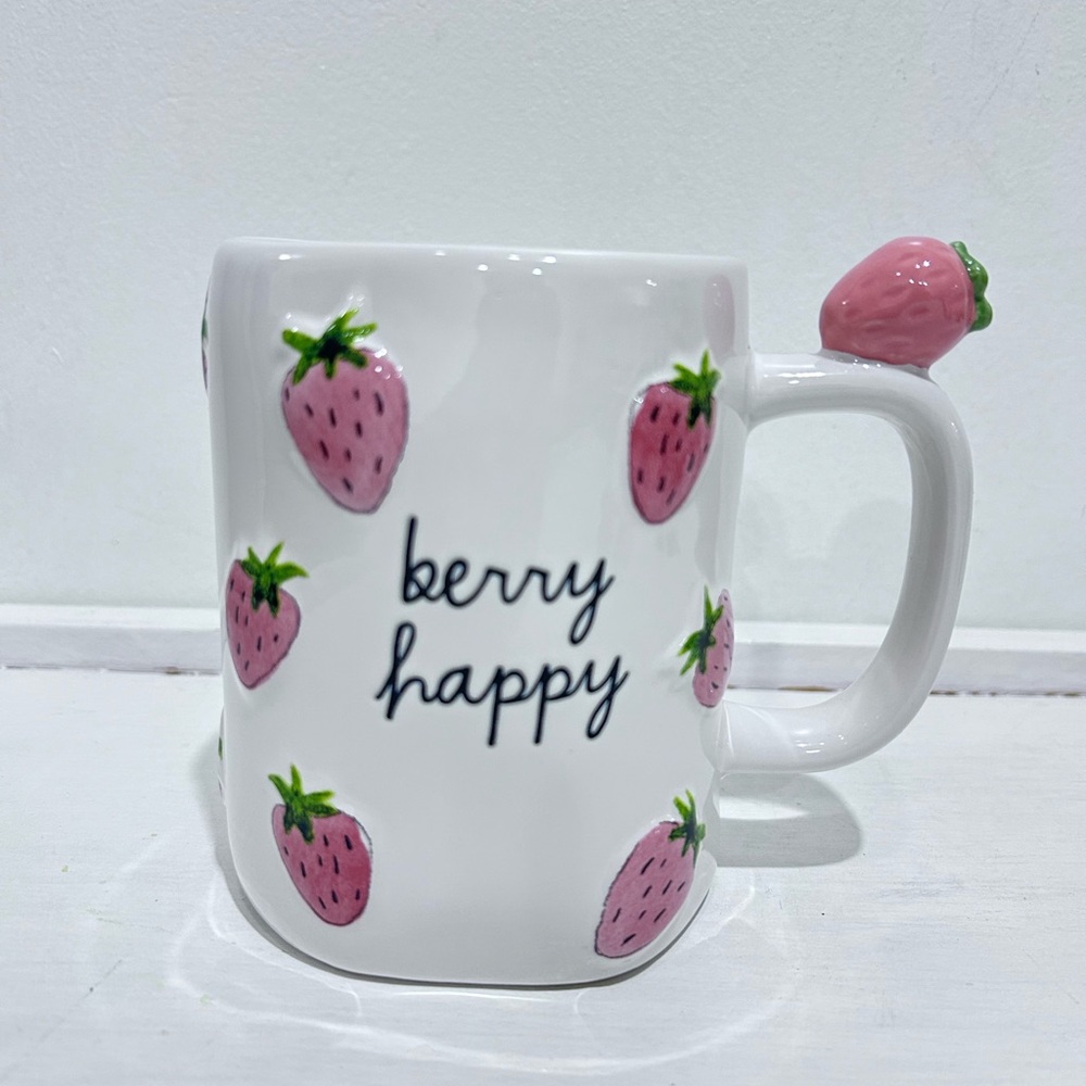 Rae Dunn White & Pink Strawberry “BERRY HAPPY” Mug With Strawberry On Handle